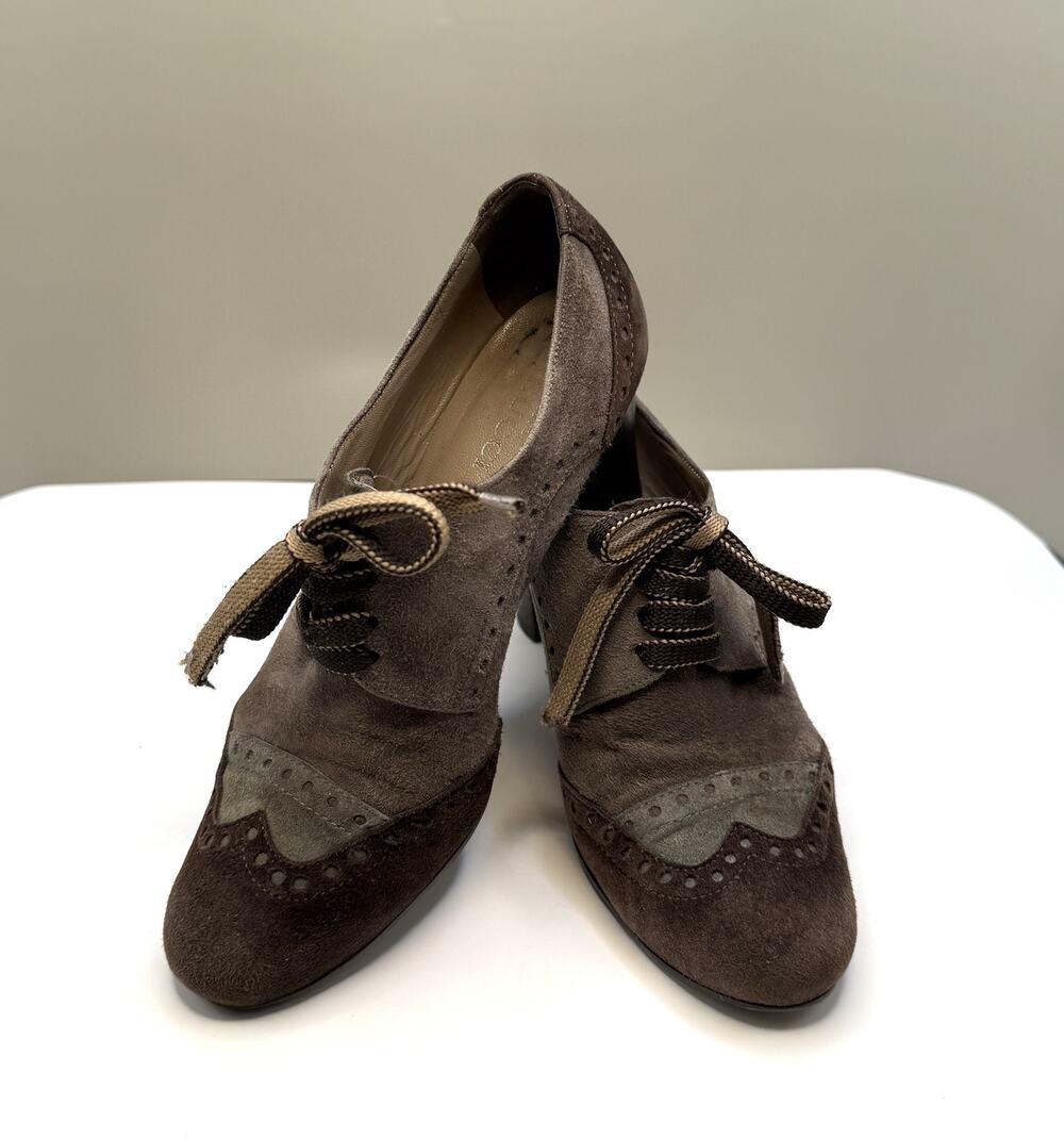 Sesto Meucci Gray-Brown Italian Suede Heels Shoes Size 36.5 -MSRP $350